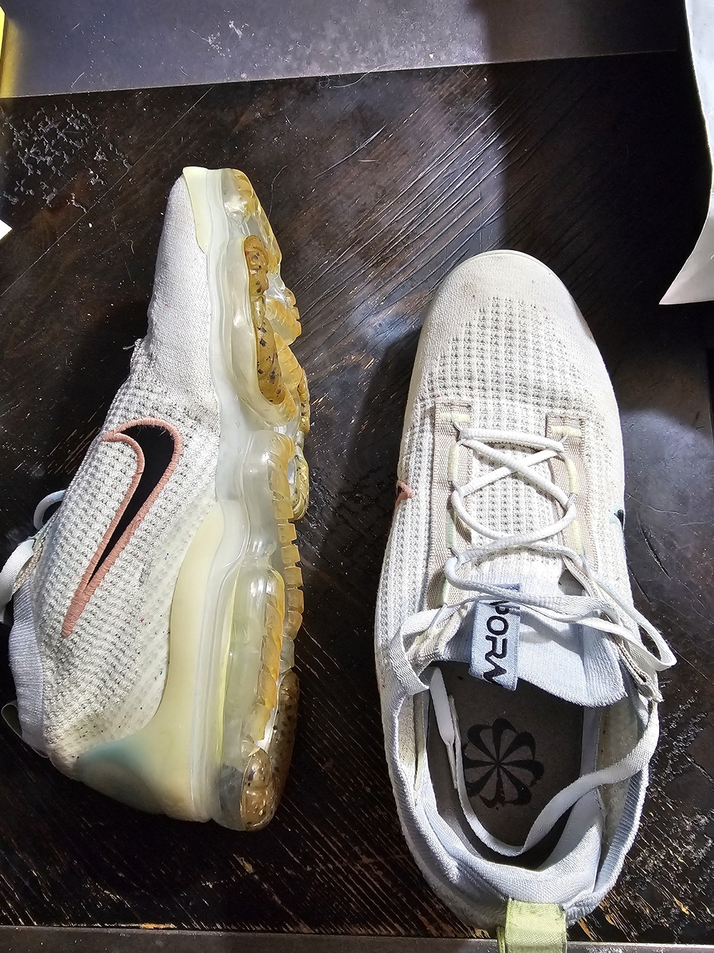 Nike White Flyknit VaporMax Sneakers with Pink and Light Blue Swooshes - Picture 5 of 5